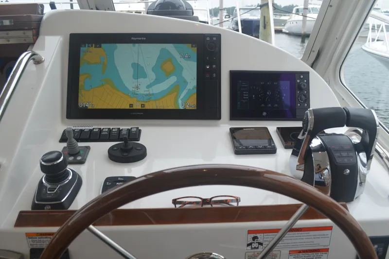 Whim Yacht Photos Pics Helm of 2020 MJM 43z yacht with navigation screens and controls.