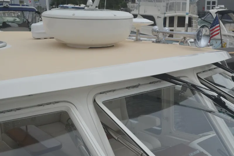 Whim Yacht Photos Pics 2020 MJM 43z yacht roof with radar and horn, docked in marina.