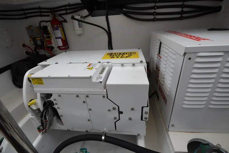 Whim Yacht Photos Pics Engine room of 2020 MJM 43z boat with equipment and safety features.