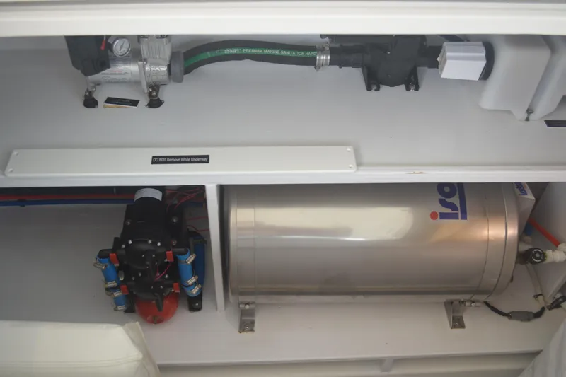 Whim Yacht Photos Pics Engine compartment of 2020 MJM 43z boat with mechanical components and equipment.