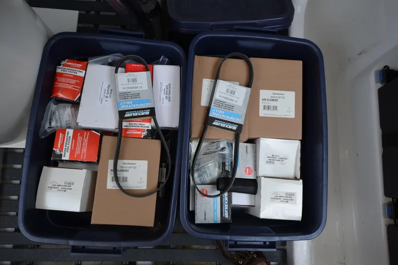 Whim Yacht Photos Pics Boxes of boat parts and accessories in storage bins for MJM 43z, 2020 model.