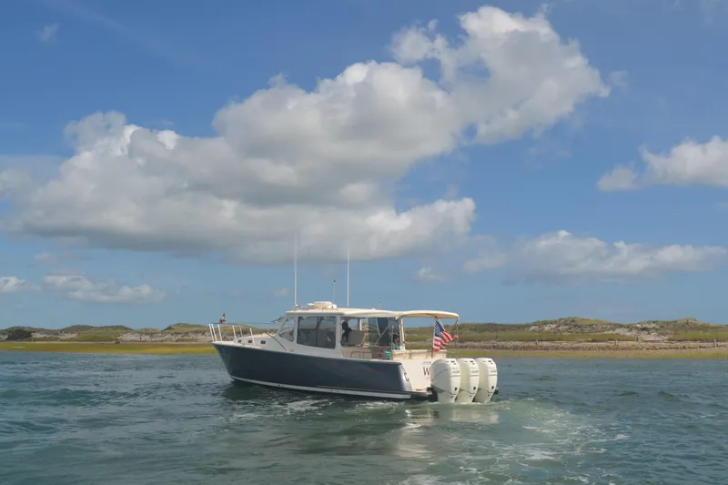 Whim Yacht Photos Pics 2020 MJM 43z boat cruising on a sunny day with scenic coastal backdrop.