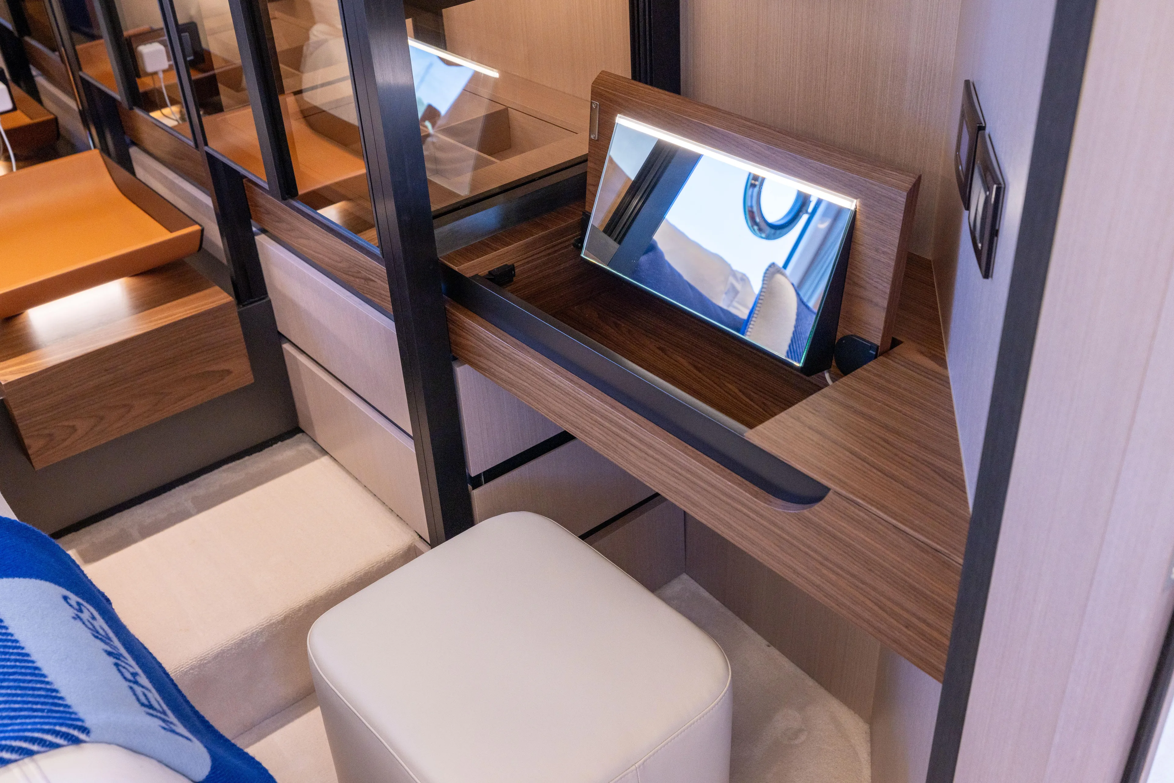 Second Chances Yacht Photos Pics Luxurious interior of 2024 Azimut S7 yacht with elegant wood and leather finishes.