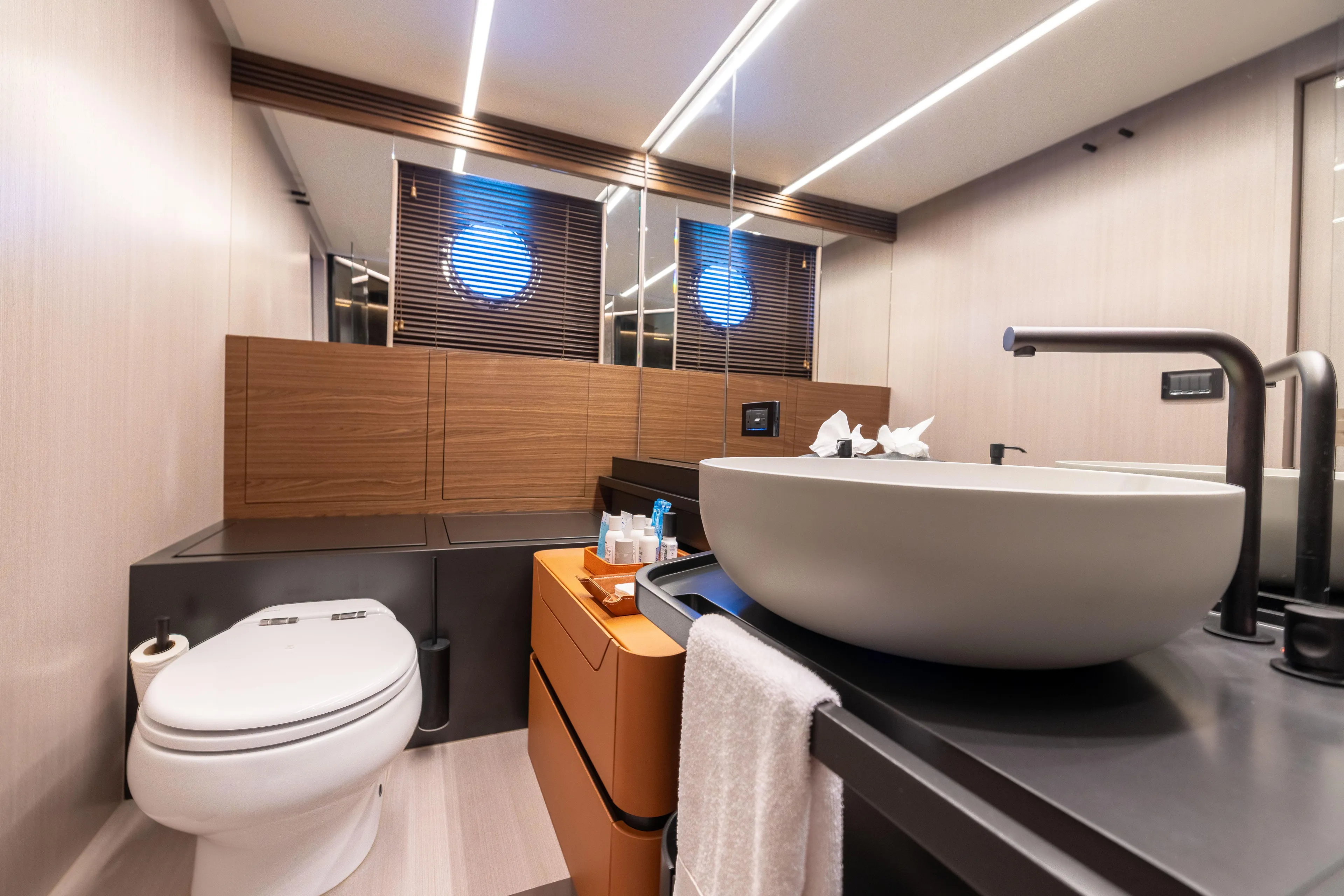 Second Chances Yacht Photos Pics Luxurious 2024 Azimut S7 yacht bathroom with modern fixtures and elegant design.