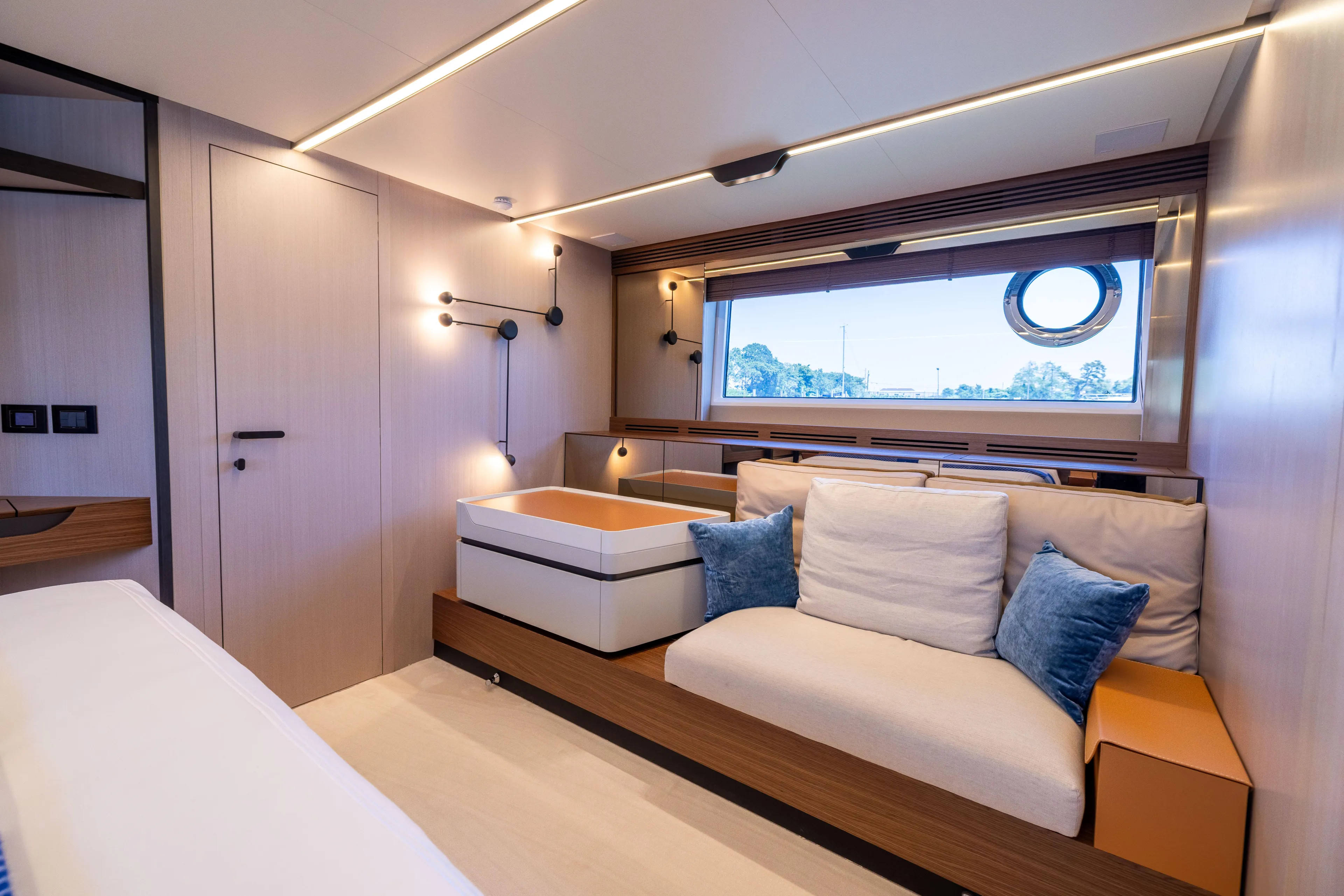 Second Chances Yacht Photos Pics Luxurious interior of 2024 Azimut S7 yacht with modern design and comfortable seating.