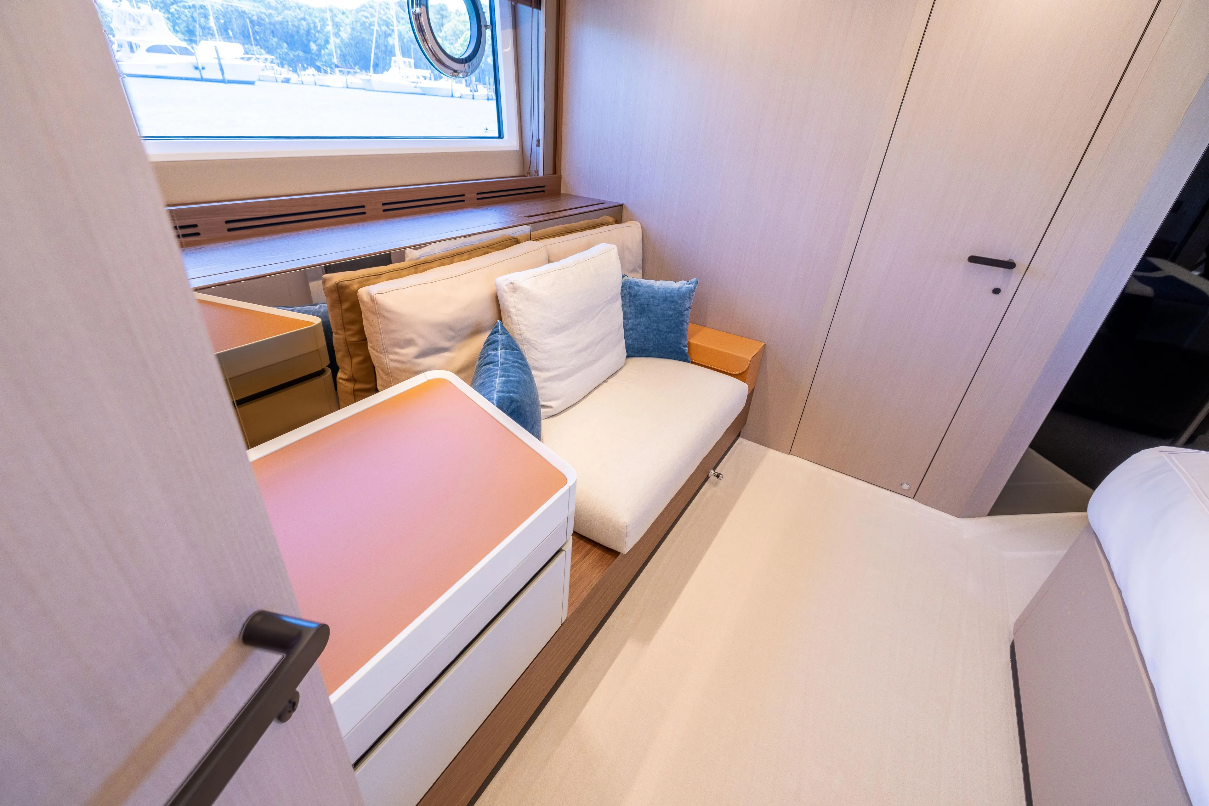 Second Chances Yacht Photos Pics Luxurious interior of 2024 Azimut S7 yacht with cozy seating and modern design.