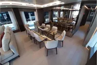 Luxurious yacht interior with elegant dining area, Custom Line 106, 2019 model.