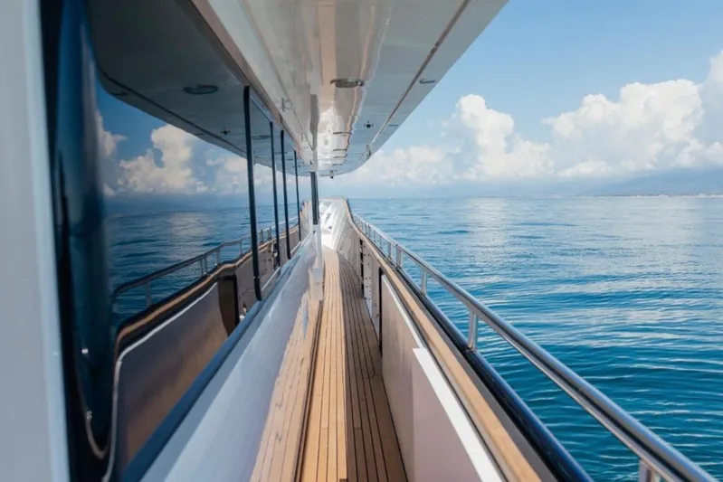 Lady In Blue Yacht Photos Pics Side view of Clemna Rossi Navi 135 yacht, 1999, with ocean and sky reflection.