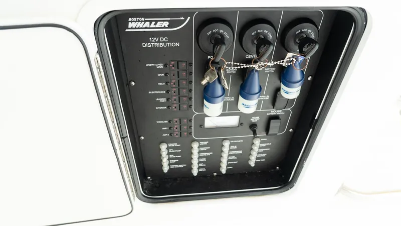  Yacht Photos Pics 2019 Boston Whaler 350 Outrage 12V DC distribution panel with switches and controls.