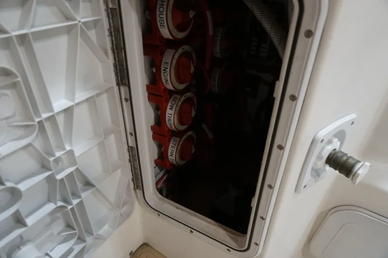  Yacht Photos Pics 2013 Ranger Tugs S-31 battery compartment with labeled switches for engine and thrusters.