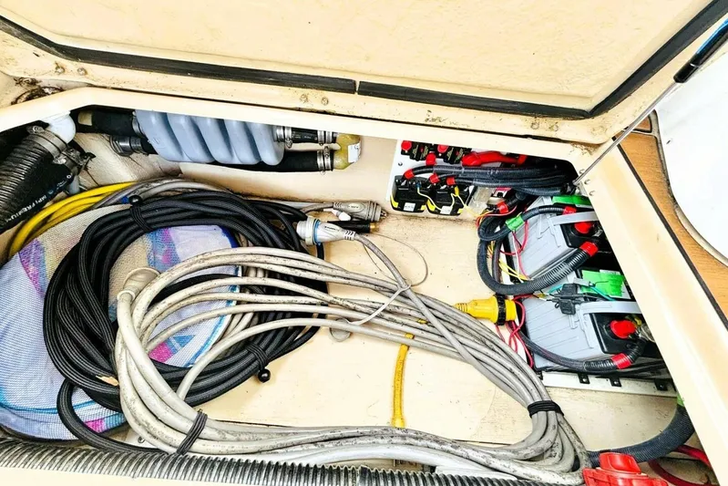  Yacht Photos Pics Electrical compartment of 2017 Ranger Tugs R-29S with cables and battery connections.