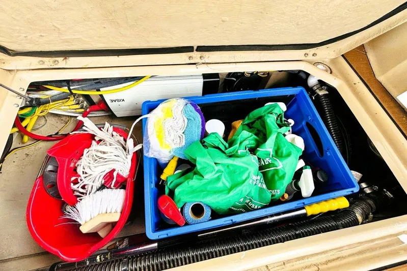  Yacht Photos Pics Storage compartment of 2017 Ranger Tugs R-29S with cleaning supplies and tools.