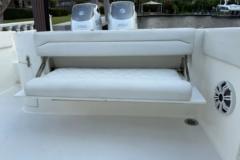  Yacht Photos Pics 2021 Marlin 39 CC boat with white cushioned seating and dual Suzuki 350 engines.