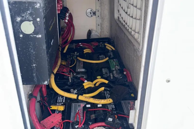  Yacht Photos Pics Battery compartment of 2021 Marlin 39 CC boat with cables and connections.