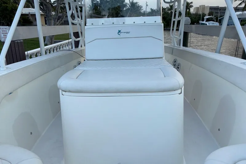  Yacht Photos Pics 2021 Marlin 39 CC boat interior with white seating and console.