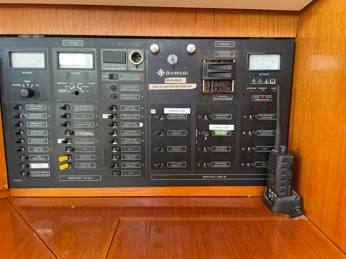 Jethro Yacht Photos Pics Electrical control panel of 2003 Jeanneau Sun Odyssey 54 DS yacht, featuring various switches and meters.