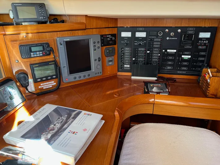 Jethro Yacht Photos Pics Navigation and control panel of 2003 Jeanneau Sun Odyssey 54 DS yacht interior.