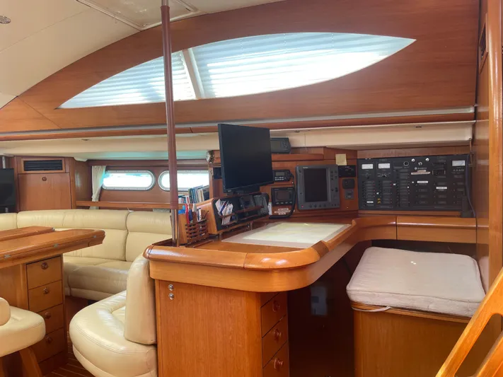 Jethro Yacht Photos Pics Luxurious interior of 2003 Jeanneau Sun Odyssey 54 DS yacht with navigation station.