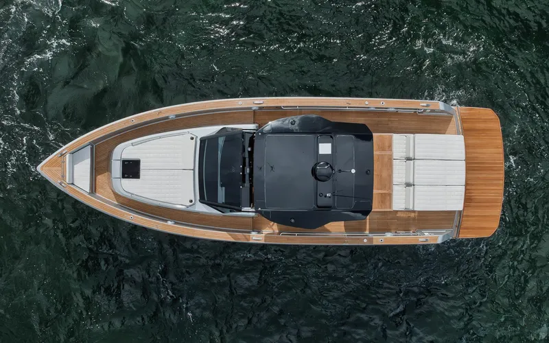  Yacht Photos Pics Overhead view of 2022 Pardo Yachts 43 on water, showcasing sleek design and spacious deck.