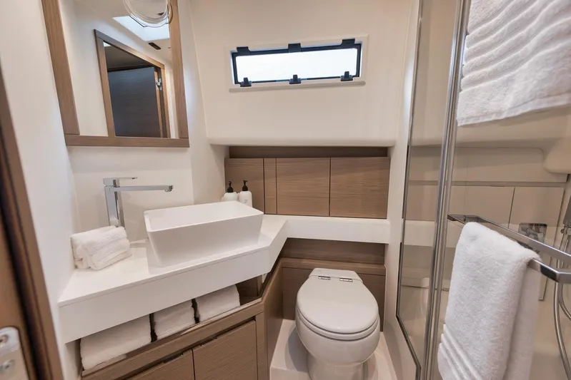  Yacht Photos Pics Luxurious bathroom interior of 2022 Pardo Yachts 43, featuring modern fixtures and elegant design.