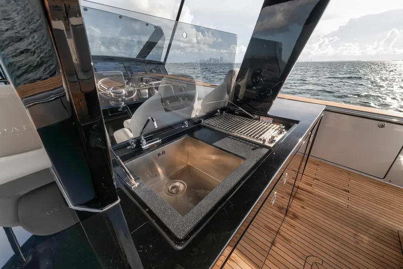  Yacht Photos Pics Luxurious 2022 Pardo Yachts 43 with sleek outdoor kitchen and ocean view.