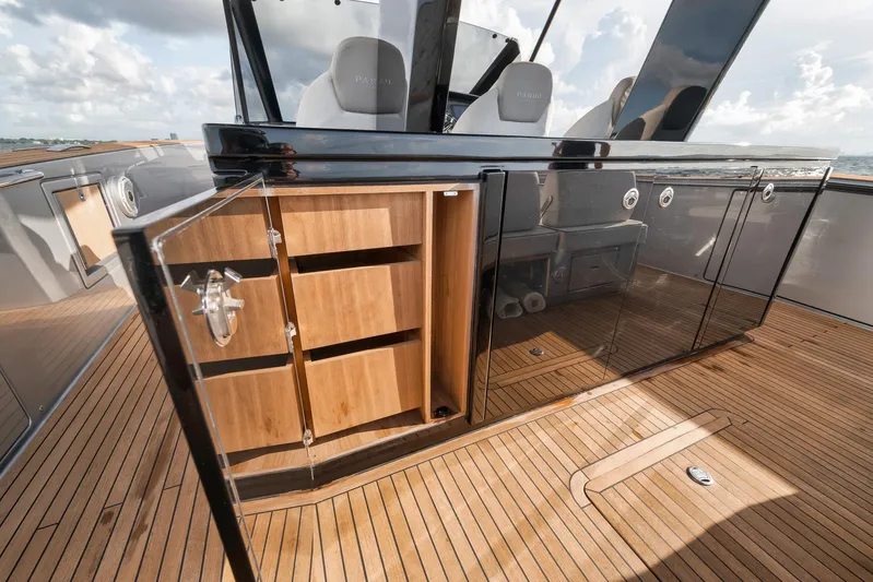  Yacht Photos Pics Luxurious 2022 Pardo Yachts 43 interior with sleek cabinetry and teak flooring.