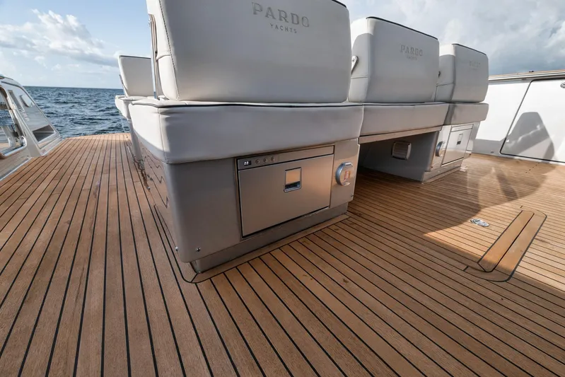  Yacht Photos Pics Luxury deck of 2022 Pardo Yachts 43 with sleek seating and ocean view.