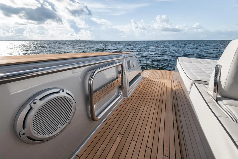  Yacht Photos Pics Luxurious 2022 Pardo Yachts 43 with teak deck, ocean view, and elegant seating.