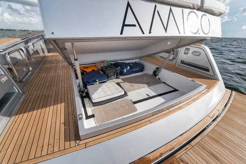  Yacht Photos Pics 2022 Pardo Yachts 43 with open storage compartment on teak deck.