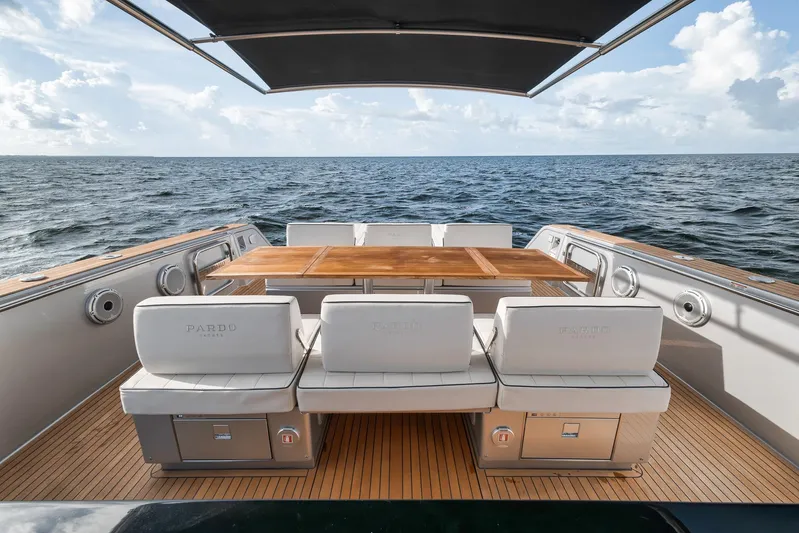  Yacht Photos Pics Luxury 2022 Pardo Yachts 43 with elegant seating and ocean view.