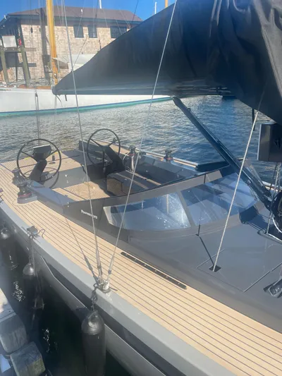  Yacht Photos Pics Saffier 33 Life 2026 sailboat docked, featuring sleek design and dual steering wheels.