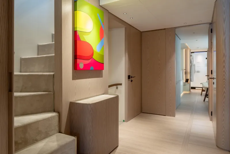 A+ Yacht Photos Pics Luxurious interior of 2024 Benetti Oasis yacht with modern art and elegant design.