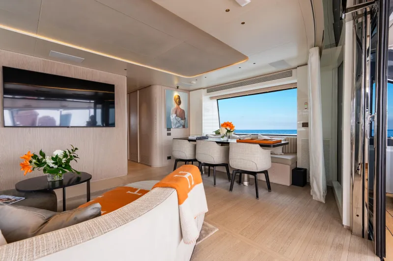 A+ Yacht Photos Pics Luxurious interior of 2024 Benetti Oasis yacht with ocean view, elegant decor, and modern amenities.