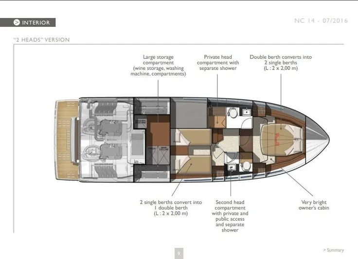  Yacht Photos Pics Floor plan of a 2017 Jeanneau NC14 yacht, featuring two heads and convertible berths.