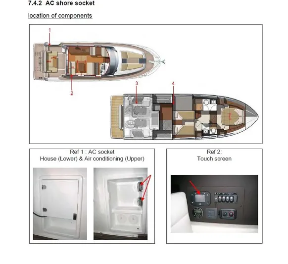  Yacht Photos Pics Diagram of 2017 Jeanneau NC14 showing AC shore socket locations and touchscreen controls.