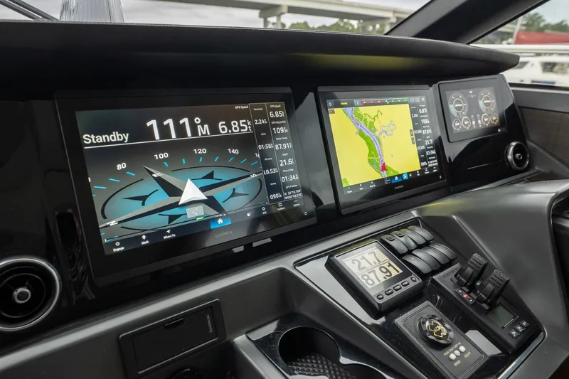 Regent Yacht Photos Pics 2021 Princess S62 yacht dashboard with navigation and control screens.