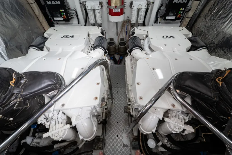 Regent Yacht Photos Pics Engine room of a 2021 Princess S62 yacht featuring dual MAN V8 engines.