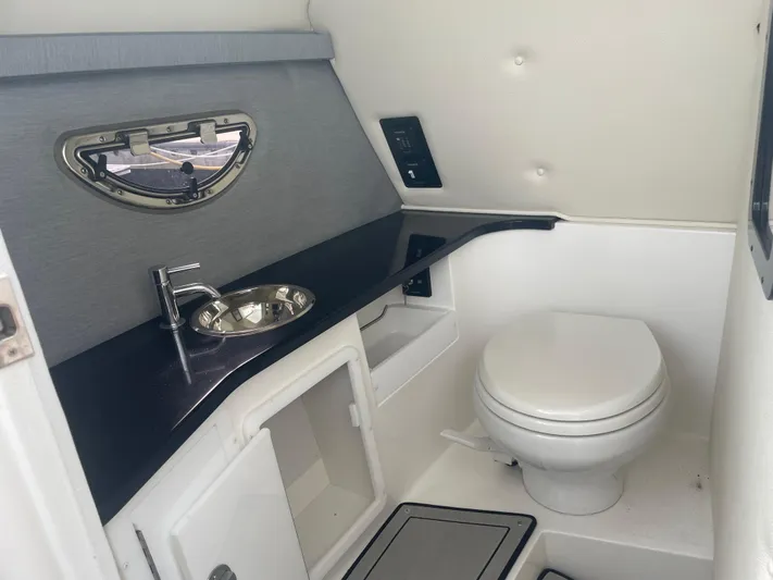  Yacht Photos Pics 2022 Cobalt 30SC boat bathroom with sink and toilet, modern design.