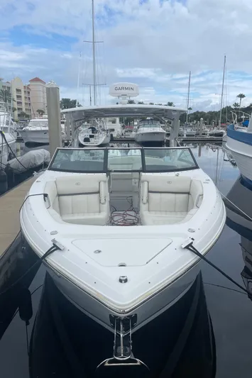  Yacht Photos Pics 2022 Cobalt 30SC boat docked in marina, front view.