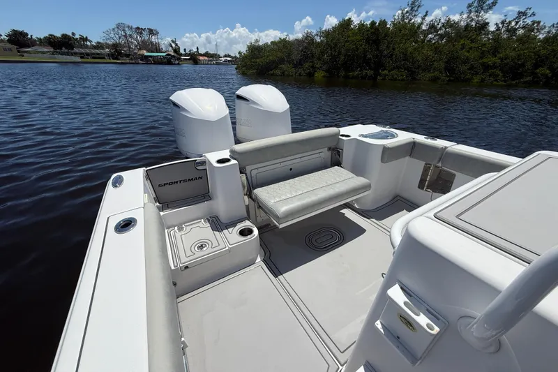  Yacht Photos Pics 2020 Sportsman Open 282 Center Console boat interior with seating and dual engines.