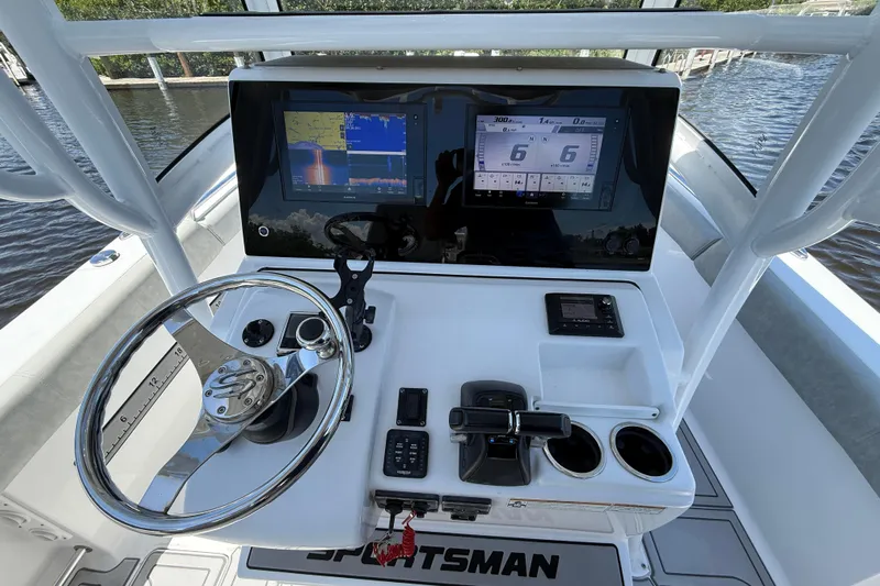  Yacht Photos Pics 2020 Sportsman Open 282 Center Console helm with dual displays and steering wheel.