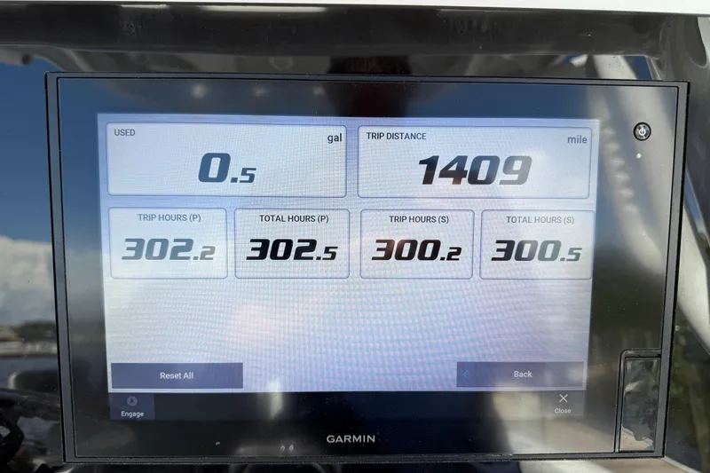  Yacht Photos Pics Garmin display on 2020 Sportsman Open 282 Center Console showing trip data and fuel usage.