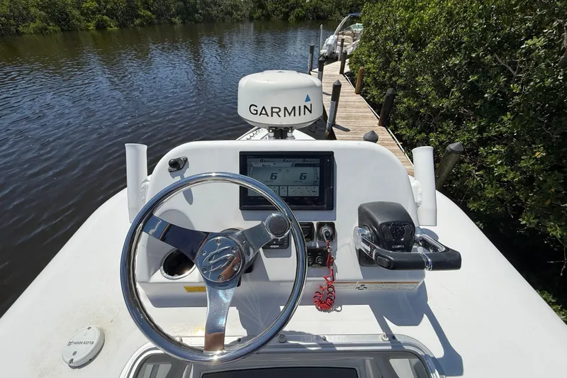  Yacht Photos Pics 2020 Sportsman Open 282 Center Console boat dashboard with Garmin navigation system.