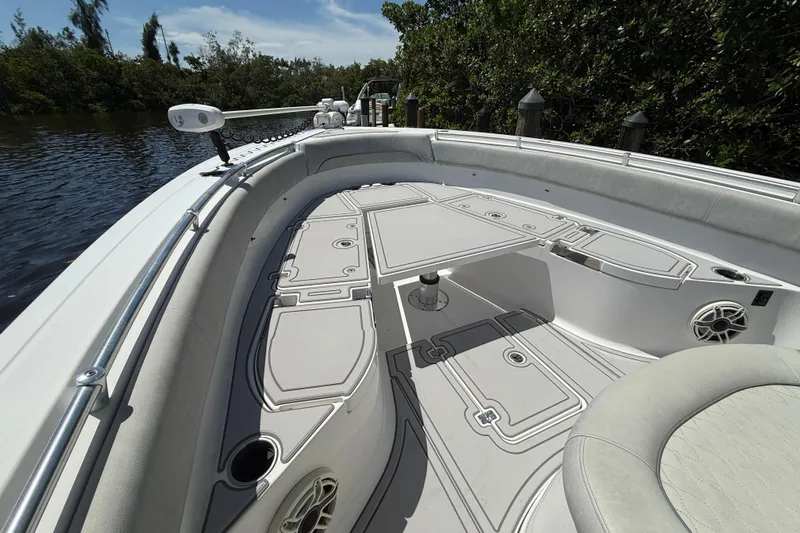 Yacht Photos Pics 2020 Sportsman Open 282 Center Console boat interior with seating and storage compartments.