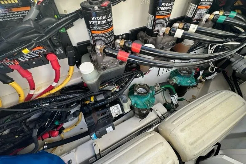 Wave Paver Yacht Photos Pics 2020 Pursuit OS 355 Offshore hydraulic steering system with pumps and wiring.