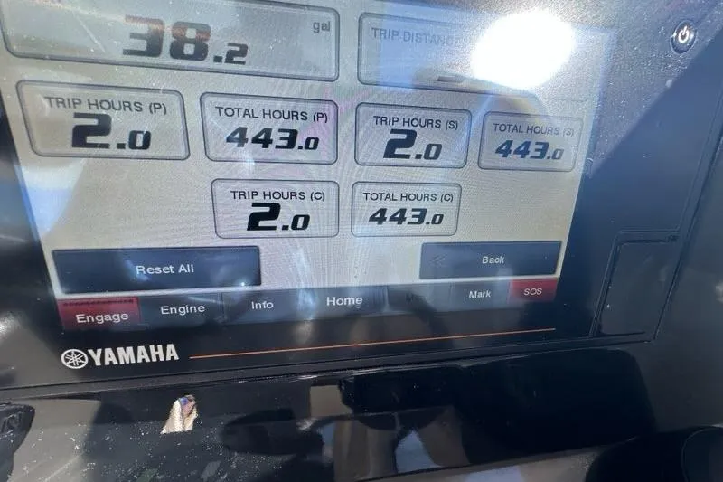 Wave Paver Yacht Photos Pics Yamaha engine display on 2020 Pursuit OS 355 Offshore boat showing trip and total hours.