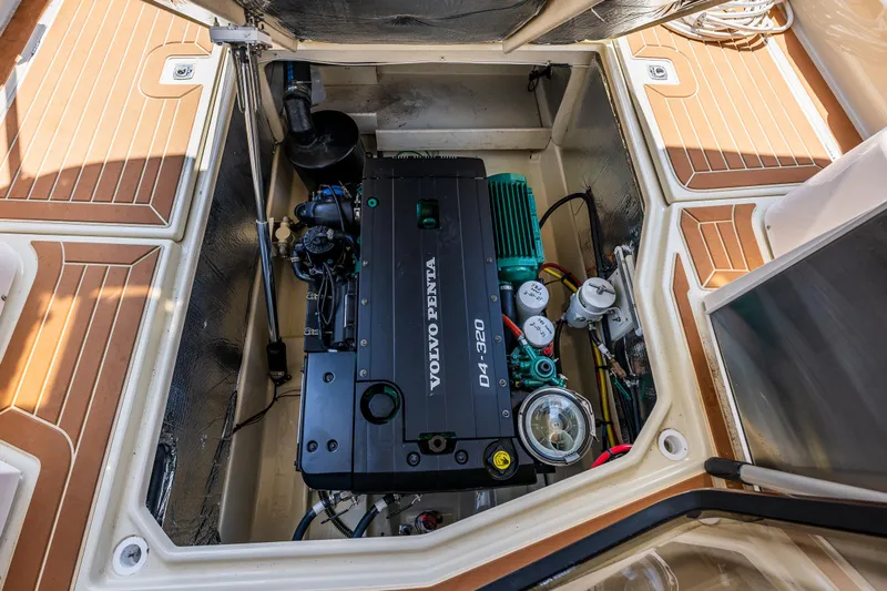 Salty Bliss Yacht Photos Pics Engine compartment of 2021 Ranger Tugs R-31 CB with Volvo Penta D4-320 engine.