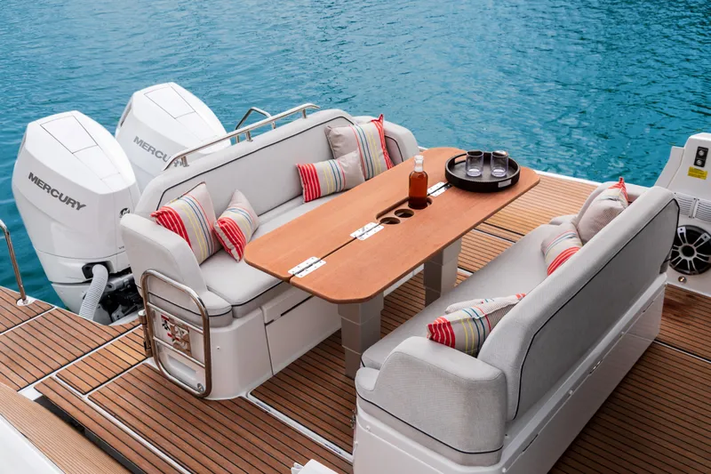  Yacht Photos Pics Luxurious seating area on 2026 Beneteau Gran Turismo 35 yacht with Mercury engines.