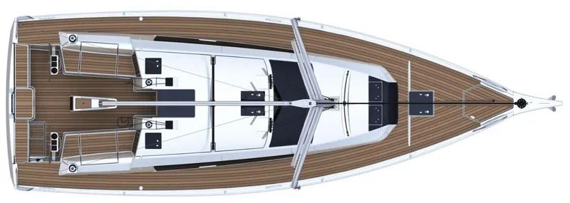  Yacht Photos Pics Top view of 2022 Dufour 390 Grand Prix Package sailboat with sleek deck design.
