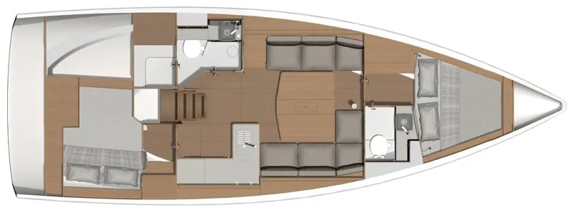  Yacht Photos Pics Floor plan of 2022 Dufour 390 Grand Prix Package sailboat, featuring cabins and living areas.
